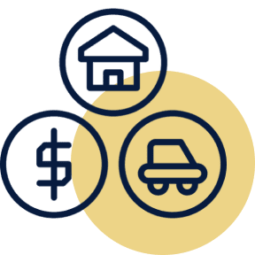 House, dollar, car icons on yellow circle.