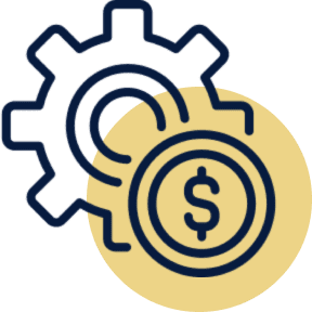 Gear and dollar coin overlapping on black.