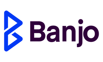 Blue and purple Bank logo with geometric icon.