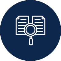 Icon of a magnifying glass inspecting two documents on a dark blue background.
