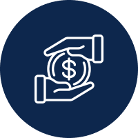 Two hands holding a coin with a dollar sign on a blue background.
