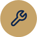 Dark blue wrench icon on a brown circular background.